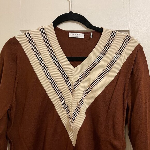 NWT New Sandro V-Neck Colorblock Chevron Mesh Insert Sweater Size S - Picture 8 of 11